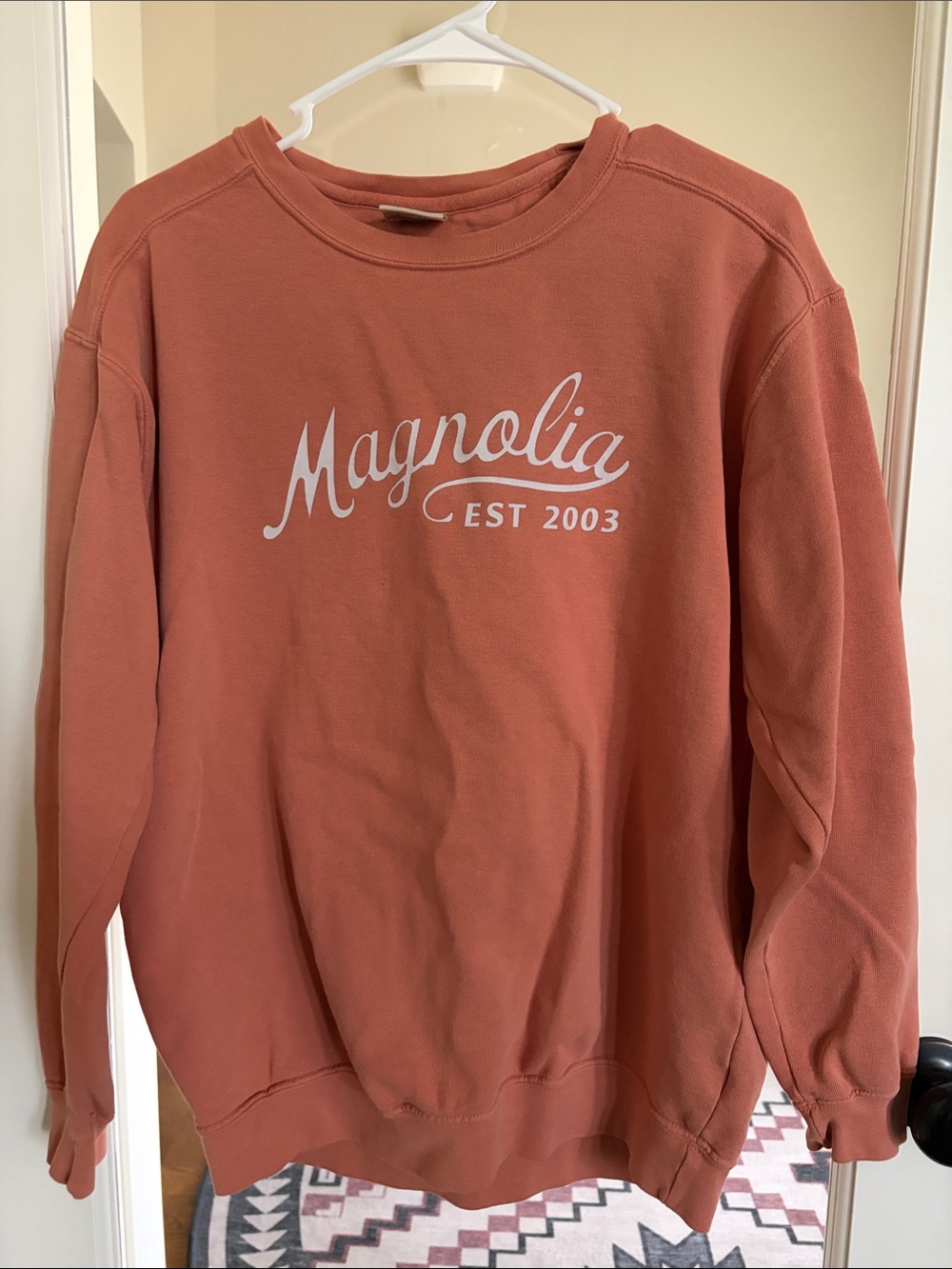Comfort Colors Coral Crewneck Sweatshirt with White Magnolia Script